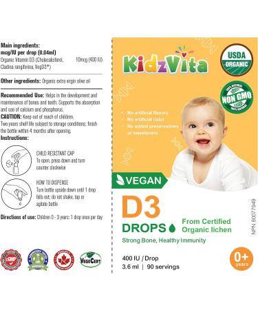 KidzVita - Vegan Vitamin D3 Drops 400IU - 3.6 ML 90 Servings 400 IU - Buy Online on SooperMarket.com