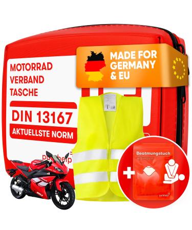 Purahelp motorcycle first standard 2024 DIN 13167 (STVO compliant) - including warning vest & ventilation - motorcycle first aid set 2024 mini small motorcycle pocket + ventilation cloth + warning vest