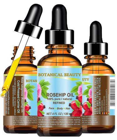 ROSEHIP OIL Pure Natural Refined Undiluted for Face Body Hair and Nail Care. 4 Fl.oz.- 120 ml Anti-Aging Moisturizer Hydration Facial Oil by Botanical Beauty