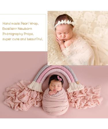 Newborn Photography Props Wrap Set with Pearl Decor - Snow Powder/Beige | Handmade Knit Blanket Swaddle for Baby Photo Shoots - Buy Online on SooperMarket.com
