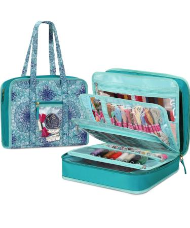 FINPAC Sewing and Craft Supplies Storage Tote Large Capacity Travel Packing Organizer Bag with Clear Pockets and Handle for Knitting Crochet Art Sewing Accessories (Emerald Illusions)