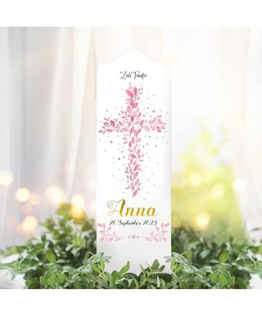 Personalized Wall Decals & Baptismal Candle - Pink Leaves Holy Cross Design 25cm x 7cm - Unique Individual Baptism Gift - Buy Online on SooperMarket.com