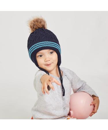 LANGZHEN Toddler Winter Hat Earflap Knit Cap Fleece Lined Beanie for Baby Boys Girls 6-12 Months - Navy-Pompon - Buy Online on SooperMarket.com
