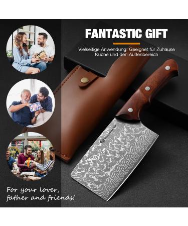 Handmade Drahcenader Damast Hunting & Chef Knife - VG10 Steel Wooden Handle PU Leather Sheath | Outdoor Camping Gear - Buy Online on SooperMarket.com