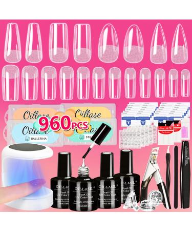 Gel Extension Nail Kit  960 PCS Full Cover Gel Nail Tips  Nail Tips and Glue Gel Kit  Nail Tips for Acrylic Nails Professional  Coffin/Stiletto/Square/almond Fake Nail Tips  Full Cover with UV Light 960 Piece Set 4 shape...