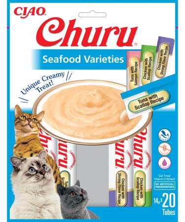 Inaba Churu Puree Katzenleckerli Multipack - 5x tuna & Jakobsmussels 5x chicken & scallops 5x tuna & salmon and 5x chicken & shrimp 20 tubes seafood (previous design) 280 g (1 Pack)