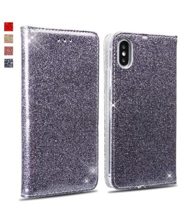 Okzone iPhone XS/iPhone x case luxury glitter bling PU leather wallet style magnetic folio flip case wallet case protective cover pocket case for Apple iPhone XS/iPhone x (silver) iPhone XS silver