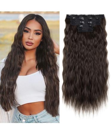 REECHO Clip in Hair Extensions 5PCS Black Brown Hair Extensions 24" Thick Long Loose Waves hair extensions HE002 Invisible Lace Weft Natural Soft Hairpieces for Women C Black Brown
