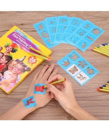 Face Paint Crayons for Kids - 36 Makeup Sticks & Stencils - Professional Face Painting Kit for Halloween or Birthday Party - 6 Fluorescent, 6 Metallic, 24 Classic Colors - Safe for Sensitive Skin - Buy Online on SooperMarket.com