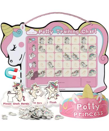 Potty Training Chart for Toddler Girls with 35 Reusable Magnetic Stickers - Unicorn Design Sticker Chart for Kids Potty Training Reward, 3 Instruction Steps & Crown (Unicorn Theme)