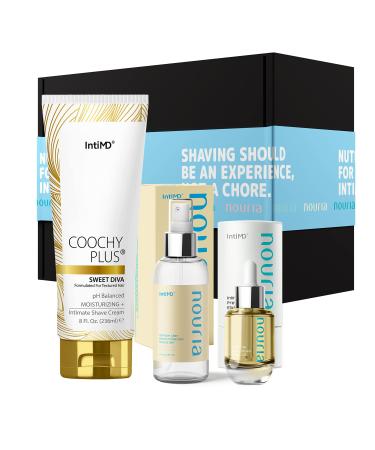 Coochy Plus HydroLock MOISTURIZING+ 3-Steps Kit Intimate Shave Gift Set: NOURIA Pre-Shave Elixir Oil + Coochy Plus Shave Cream Sweet Diva + NOURIA After Shave Protection Mist Fragrance Free