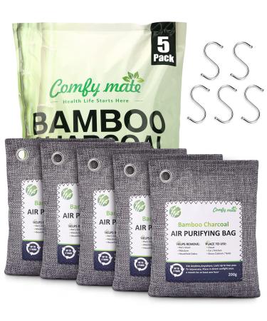 5 Pack Bamboo Charcoal Air Purifying Bags with Hooks,Charcoal Bags Odor Absorber for Home,Odor Eliminator,Closet Deodorizer, Car Air Freshener(5 Pack, 200g Each)