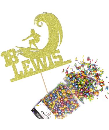 Cakeshop Cake Decoration Pack | Surfer Surfing Theme Premium Double Sided Glitter Card Cake Topper & 25g Party Pack of Cake Sugar Sprinkles | Custom Name & Age Cake Decorations (Champagne) Non-Prime Glitter Card: Champagne