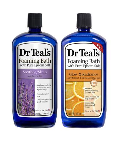 Dr. Teal's Foaming Bath Variety Gift Set (2 Pack 34oz Ea.) - Soothe & Sleep Lavender Glow & Radiance Vitamin C and Citrus - Essential Oils Blended with Pure Epsom Salt Relieve Pain & Daily Stress