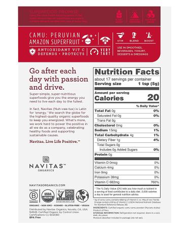 Navitas Organics Camu Camu Powder 3 oz. Bag - Organic, Non-GMO, Gluten-Free | 17 Servings - Buy Online on SooperMarket.com