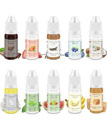 SunyamGo Food Flavoring, 10 Packs Concentrated Flavoring Extracts Flavors for Baking Candy Lip Gloss Making, Water and Oil Soluble - Vanilla Chocolate Watermelon Banana Mint Caramel .35 Fl Oz Bottle 10 Flavors