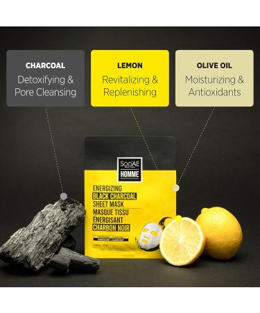 Soo AE Homme Energizing Black Charcoal Sheet Mask - 8 Count | Men's Skincare Pore Tightening & Moisturizing Facial Masks - Buy Online on SooperMarket.com