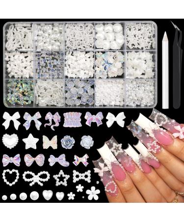 RODAKY 1000PCS White Nail Charms 3D Bows Heart Butterfly Charms for Nails Assorted Nail Art Charms Flatback Pearl Beads Mix Style Nail Decoration Nail Art Accessories for Manicure DIY