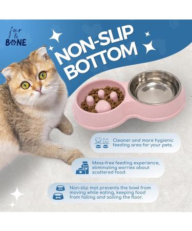 Fur & Bone Double Slow Feeder Dog Bowl | Raised Non-Slip Cat Food & Water Bowl | Stainless Steel, Pink - Buy Online on SooperMarket.com