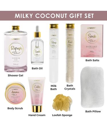 Luxury Bath Gift Set | Home Spa Gift Basket - Milky Coconut Scent Vitamin E & Shea Butter Shower Gel Bath Salt Body Scrub & More - International Shipping Available - Buy Online on SooperMarket.com