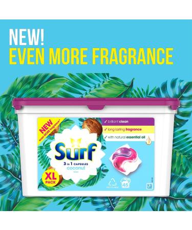 Surf 3-in-1 Washing Detergent Capsules Coconut Bliss Long Lasting Fragrance and Made with Natural Essential Oil Laundry Detergent XL Pack 45 Washes (Pack of 2) - Buy Online on SooperMarket.com