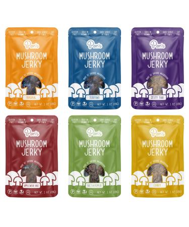 Pan's Mushroom Jerky, Vegan Snack Packs, Plant-Based, Shiitake Mushrooms, Gluten Free, High Fiber, Variety pack of Original, Zesty Thai, Salt & Pepper, BBQ, Curry, Teriyaki (1 Ounce, Pack of 6) Variety 1 Ounce (Pack of 6)