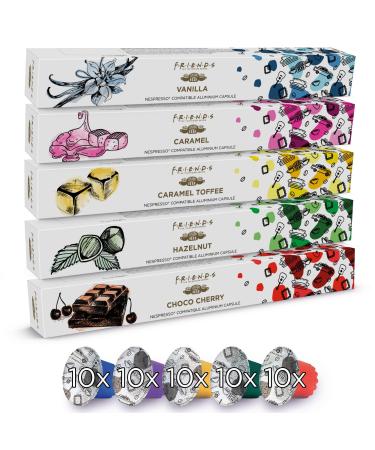 F.R.I.E.N.D.S 50 Flavoured Coffee Pods - Nespresso Compatible Capsules Aluminium Coffee Pods - Vanilla Pods Caramel Pods Cherry Toffee Hazelnut (5x10 Capsules) Flavoured Variety