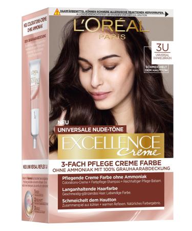 L'Or al Paris Permanent hair color for every skin tone coloring without ammonia universal nude tones with complete gray -hair cover Excellence cream No. 3U dark brown (brown) 1 piece No. 3U - dark brown (1 Pack)