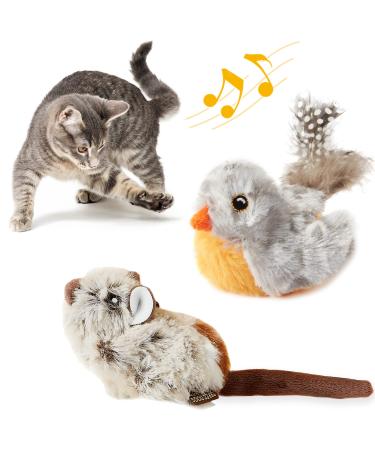Suhaco Cat Toys for Indoor Cats Feather Squeaky Bird & Mouse Kitten Toys Set Three Dogs & A Cat Melody Motion Activated Chirping Kitty Toys Interactive Plush Cat Toys for Boredom (2 Pack) Grey Bird
