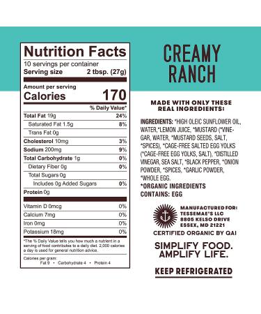 Tessemae's Organic Creamy Ranch Dressing 10 oz. (4-Pack) | Whole30 Certified, Keto Friendly, USDA Organic - Buy Online on SooperMarket.com