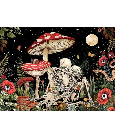 Mushroom Stamped Cross Stitch Kits  Skeleton Trippy Flower Plant Cross Stitch Ornament Kits for Adults Beginners Hippie Cool Nature Moon Star Cross-Stitch Stamped Kits for Home Wall Decor 12x16 inch X1604