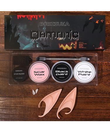 BOBISUKA Halloween Makeup Kit Black White Face Body Paint + Scar Wax + Fake Blood + Elf Ears + Vampire Teeth - Cosplay Face Paint Set - Buy Online on SooperMarket.com