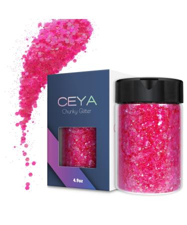 Ceya Chunky Glitter, 4.9oz/ 140g Vibrant Pink Craft Glitter Powder Mixed Fine Flakes Iridescent Nail Sequins for Nail Art, Hair, Epoxy Resin, Tumblers, Slime, Painting, Festival Decor