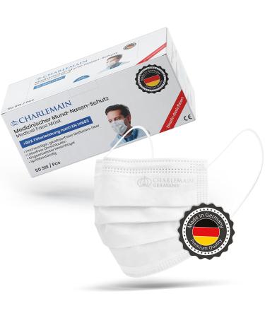 Charlemain 50x op masks made in Germany EN 14683 Type IIR medical mouth-nose protection BFE 99.9% 3-layer latex-free MNS one-way face masks-white 50 pieces (1 Pack)