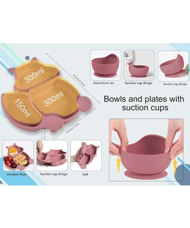 Hoseay Baby Weaning Set 5 in 1 | Silicone Suction Plate, Bowl, Spoon, Fork, Bibs | Pink Squirrel Design | Toddler Feeding Essentials - Buy Online on SooperMarket.com