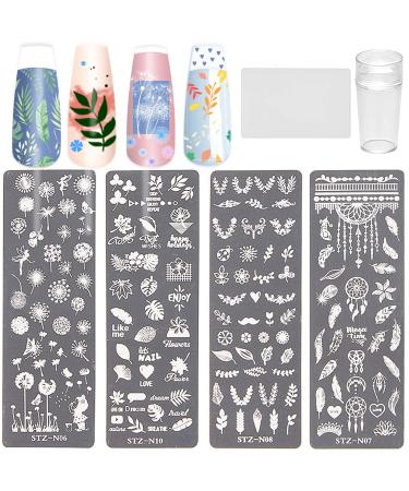 NICENEEDED Feather Nail Art Stamping Kit 4Pcs Nail Stamp Templates & 1 Nail Stamper & 1 Nail Scraper Nail Plates Manicure Tool Dreamcatcher Image Plates for DIY Decoration Style 1