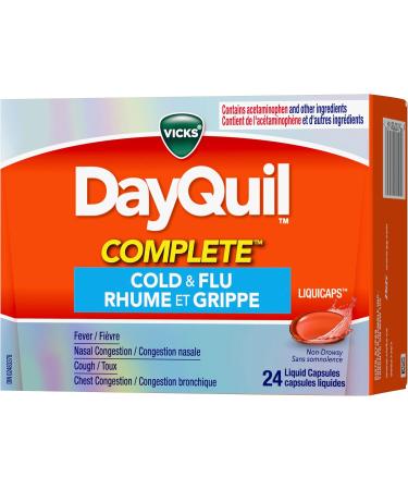 Vicks DayQuil COMPLETE Cold and Flu LiquiCaps Medicine Non-Drowsy Daytime Multi-Symptom Relief for Cough Congestion Fever Sore Throat Pain 24 Count 24 Count (Pack of 1) - Buy Online on SooperMarket.com