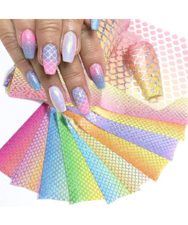 Kalolary 10 Sheets Mermaid Nail Foil Transfer Stickers, Holographic Gradient Iridescent Nail Decals Laser Fish Scales Starry Sky Nail Transfer Glitters Stickers for Women Girls DIY Nail Decoration 10 Count (Pack of 1)