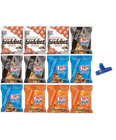 Chex Mix Brand Snacks Variety - Muddy Buddies, Bold Party Mix, Traditional, and Cheddar 1.75oz Bags, 12 Bags Total with Make Your Day Bag Clip