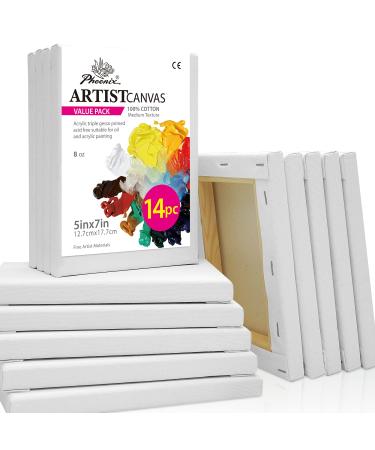 PHOENIX Stretched Canvas for Painting 5x7 Inch/14 Bulk Pack 8 Oz Triple Primed 5/8 Inch Profile 100% Cotton White Blank Canvas Small Framed Canvas for Oil Acrylic & Pouring Art Studio Bulk Pack (8 Oz.) 5x7