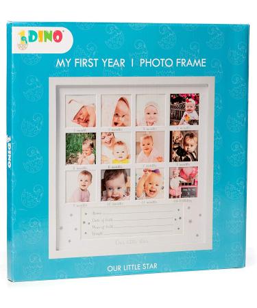 Dino My First Year Baby Keepsake Picture Frame - White Wood, 12 Months Photo Inserts - Nursery Decor Gift for Boys and Girls - Buy Online on SooperMarket.com