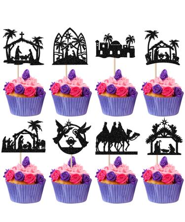 24 Pack Christmas Jesus Cupcake Toppers Jesus's Nativity Cupcake Picks Glitter Cross Cupcake Decorations for Merry Christmas Jesus's Birthday Holy Religious Party Cake Decorations Supplies Black 1-black