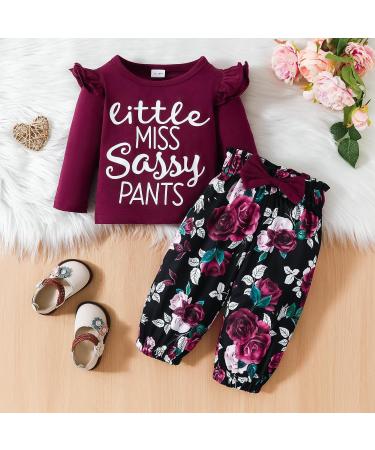 Puseky Toddler Baby Girls Cute Letter Print Shirt and Floral Pant Outfit Set 12-18 Months - Wine Red - Buy Online on SooperMarket.com