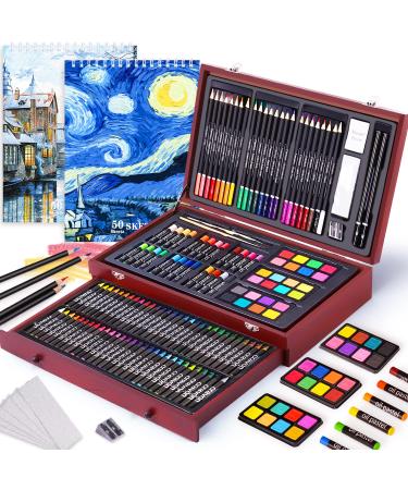 145 Piece Deluxe Art Set with 2 x 50 Sheet Drawing Pad  Art Supplies Wooden Art Box  Drawing Painting Kit with Crayons  Oil Pastels  Colored Pencils  Creative Gift Box for Adults Artist Beginners 145 Piece Set