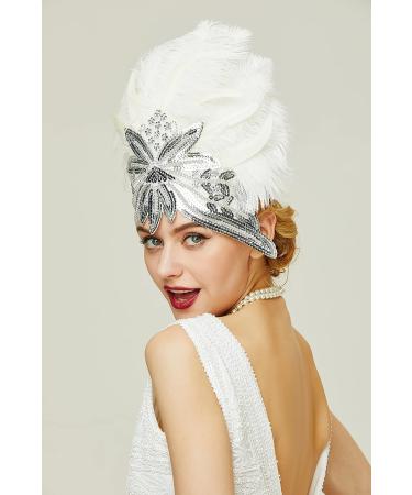 BABEYOND Carnival Feather Headpiece - White 1920s Flapper Showgirl Headband - Buy Online on SooperMarket.com