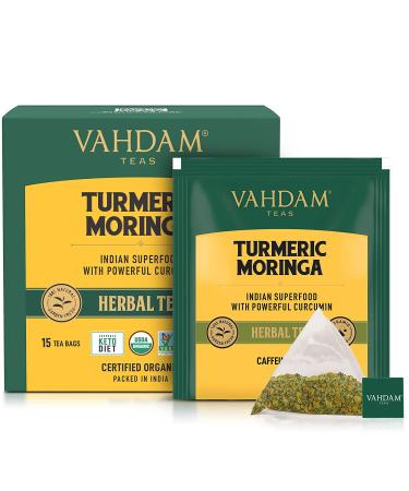 Vahdam Teas Turmeric Moringa Herbal Tea - Caffeine Free, 15 Infusion Bags (1.06 oz) - Buy Online on SooperMarket.com
