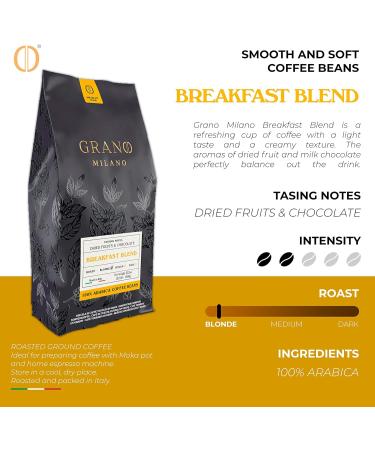 Grano Milano Breakfast Blend 100% Arabica Blonde Roast Coffee Beans 1kg - Intensity 2/5 | Made in Italy - Buy Online on SooperMarket.com