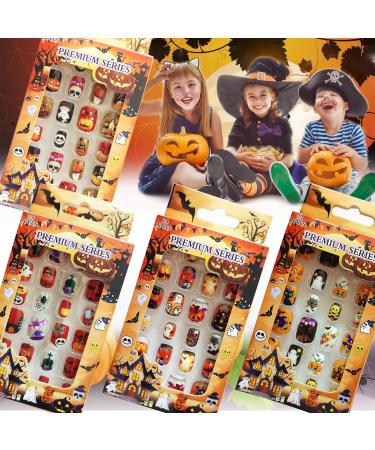 4 Boxes Halloween Press on False Nails for Kids 96 pcs Halloween-Themed Full Cover Fake Nails with Adhesive Tabs Nail Sticks for Kids Holiday Nail Art Decoration