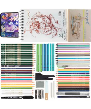 Corot 80pcs Drawing Kit Pencils Painting Set, WIth 3-Color Sketch Book and Color Book Sketching Kit,Pro Arter Paint Gloves and High Grade Penils Set For Kinds Beginners or Artists.