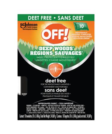 OFF Deep Woods Deet Free Insect and Mosquito Repellent Towelettes Bug Spray Wipes for Camping Bug Repellent Safe for Clothing 10 Ct (Packaging May Vary) 10 count (Pack of 1) Black